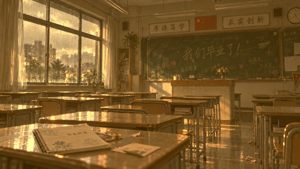 After Evening Study background art: a classroom at sunset