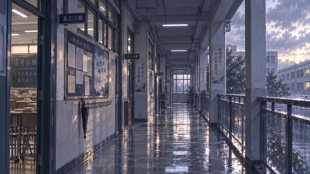 Game background art: a high school corridor in the rain
